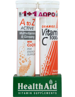 HEALTH AID A to Z ACTIVE Multivitamins & Ginseng with CoQ10 20 Tabs + Vitamin C 1000mg Orange 20 tabs